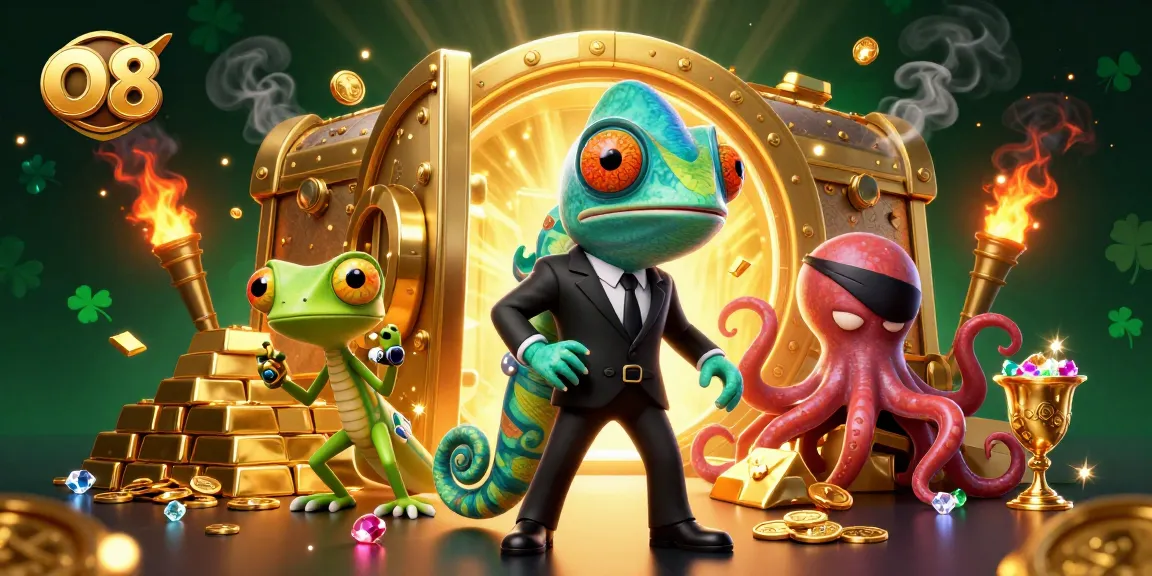 O8 highlights jackpot excitement with a secret agent chameleon, golden treasures, and gaming elements.