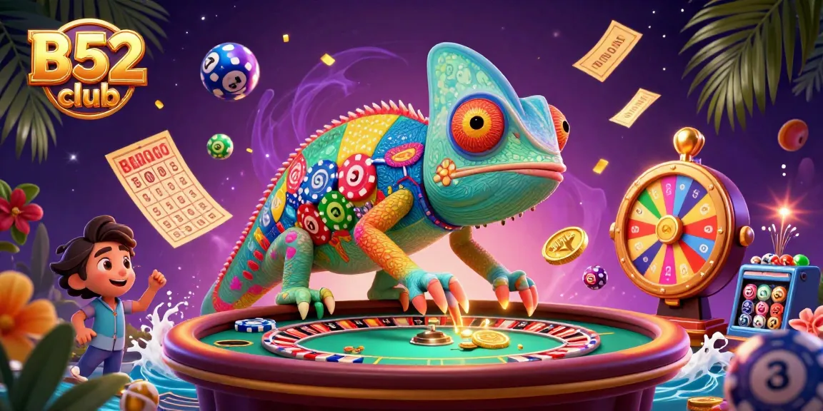 B52 club's vibrant casino scene featuring a colorful chameleon owner catching coins amid dynamic game elements.