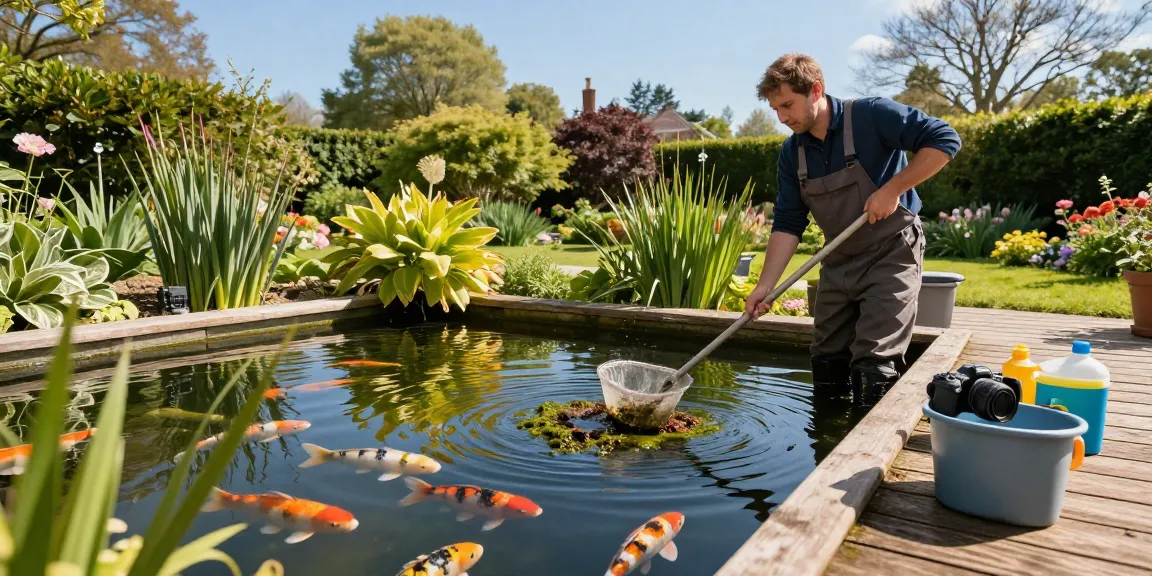 Professional Pond Cleaning Essex in action, pond cleaner removing algae and debris with vibrant aquatic plants surrounding.