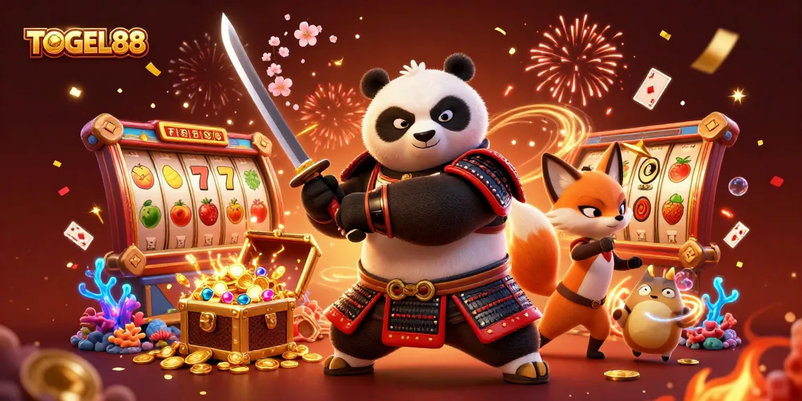 Join the excitement of TOGEL88 with a 3D illustration of our dynamic characters and slot game elements.