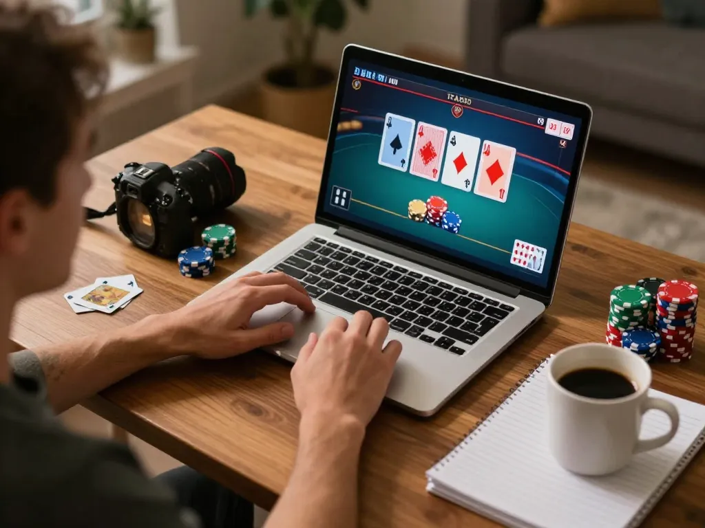 Engage with 788bet through a lively poker game on a laptop showcasing strategy and home comfort