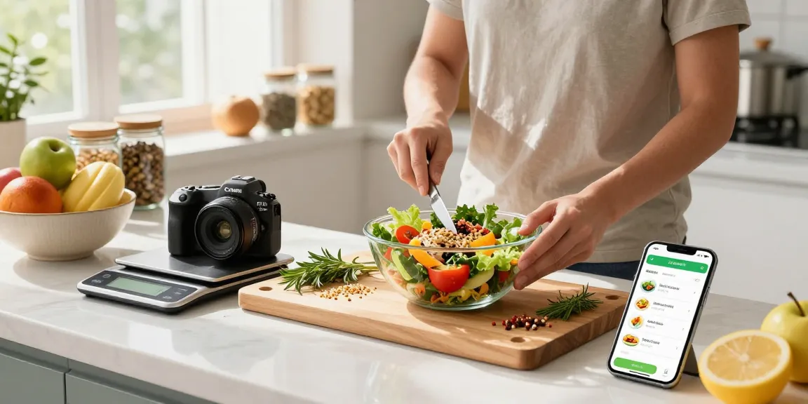 Engaging kitchen scene with best food tracker app on smartphone and fresh salad preparation, highlighting healthy cooking.