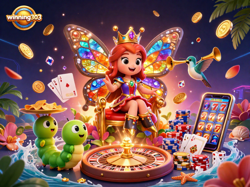 Winning303 showcases a vibrant casino fantasy with a colorful butterfly queen and dynamic gaming elements.