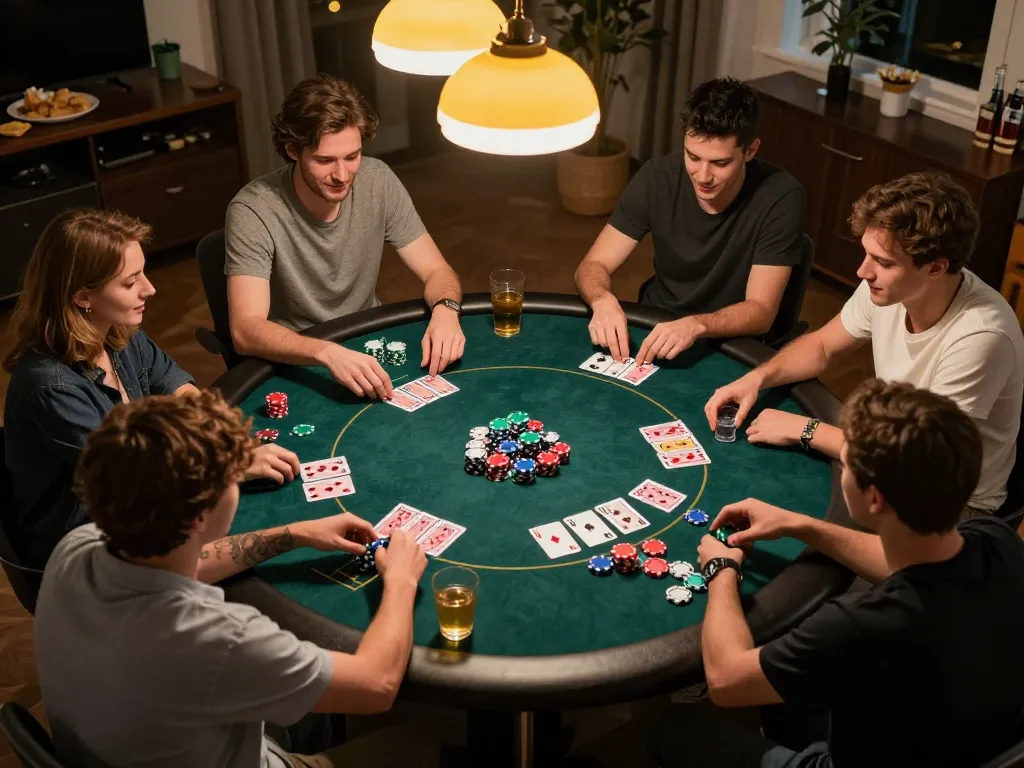 Các người chơi Luck8 tham gia một đêm poker tại nhà đầy hồi hộp, trưng bày những quân bài và chip sống động.