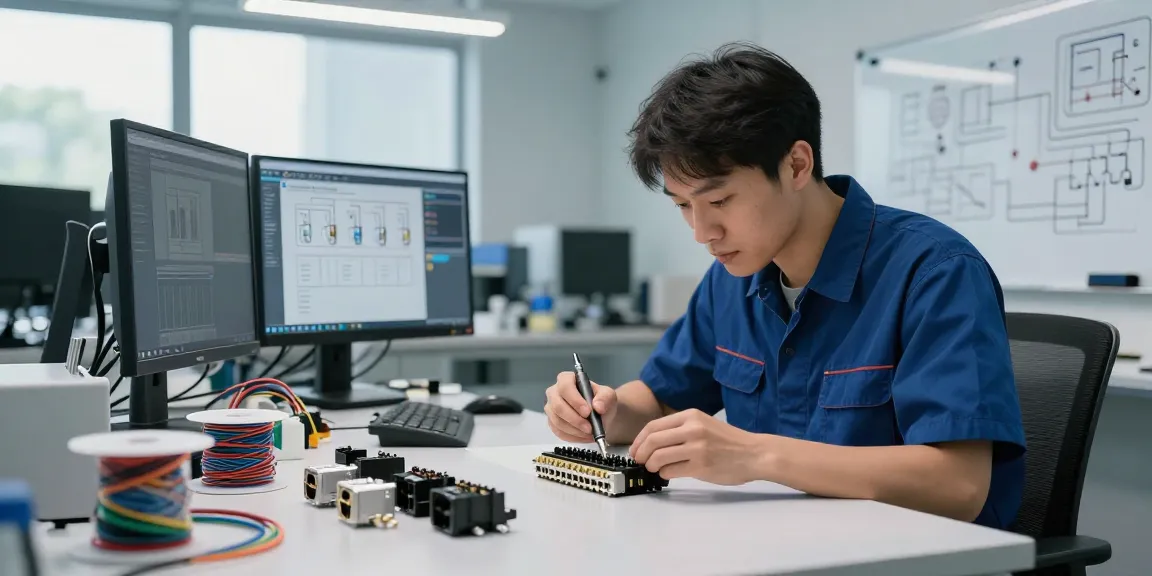 Engineer assembling IEC connectors with precision tools in a modern workspace.