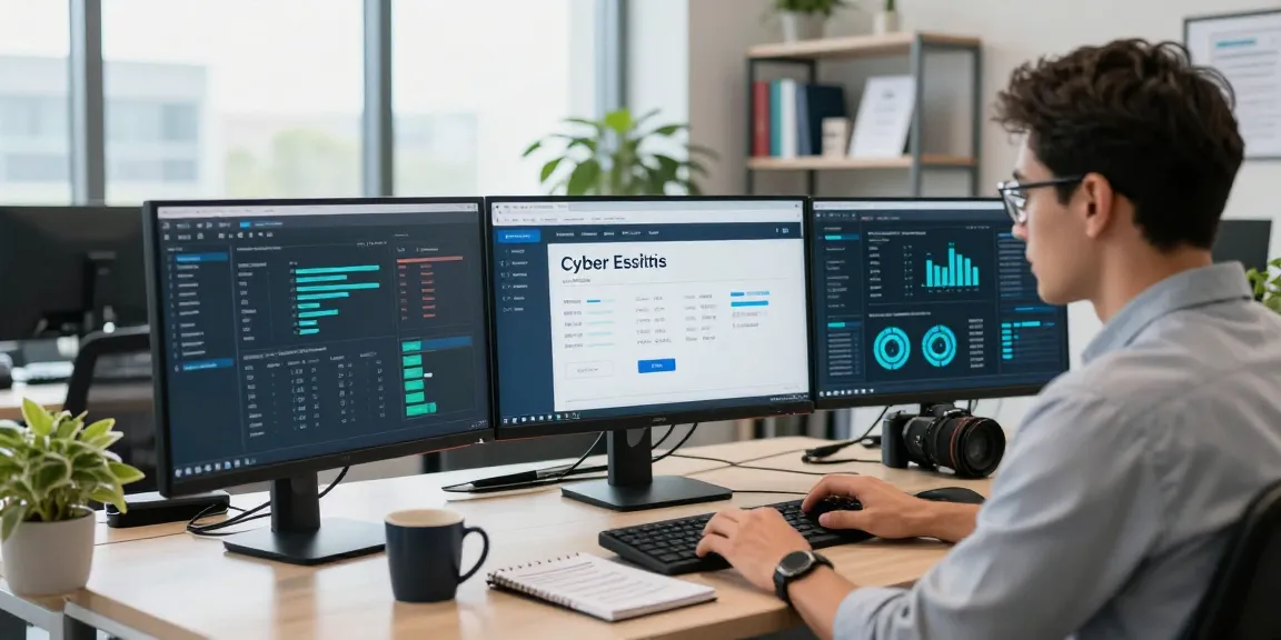 Cyber Essentials certification review in a professional office environment with compliance metrics displayed.
