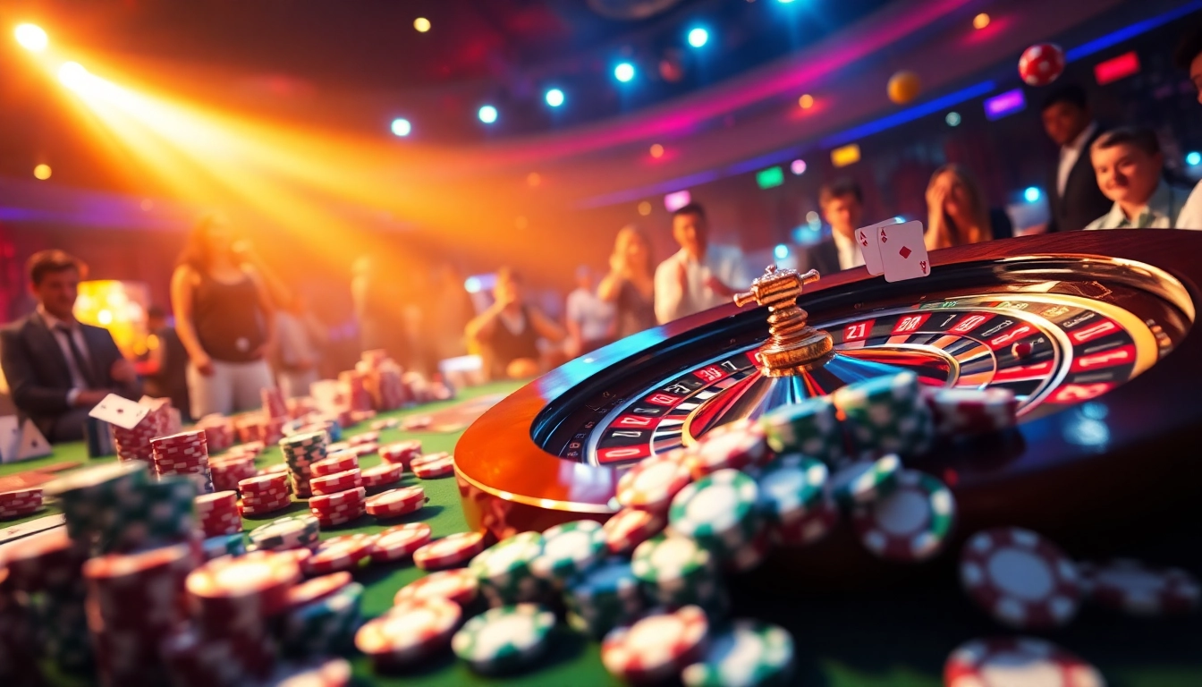A thrilling online casino scene featuring seven77 alternatif with roulette wheel, poker chips, and excited players.
