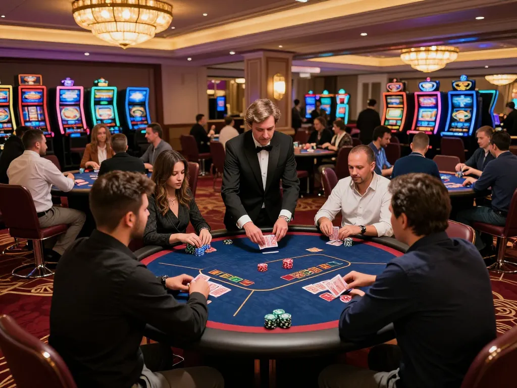 Players at vt88 enjoying a thrilling poker game on an elegant casino floor, colorful chips and cards visible.