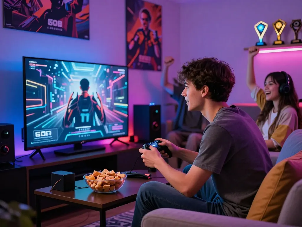 Engaging gaming scene with friends enjoying go88 in a vibrant living room.