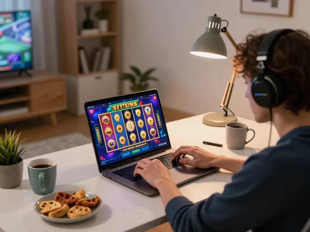 Engaged player enjoying situs slot gameplay on a laptop in a cozy home gaming setup