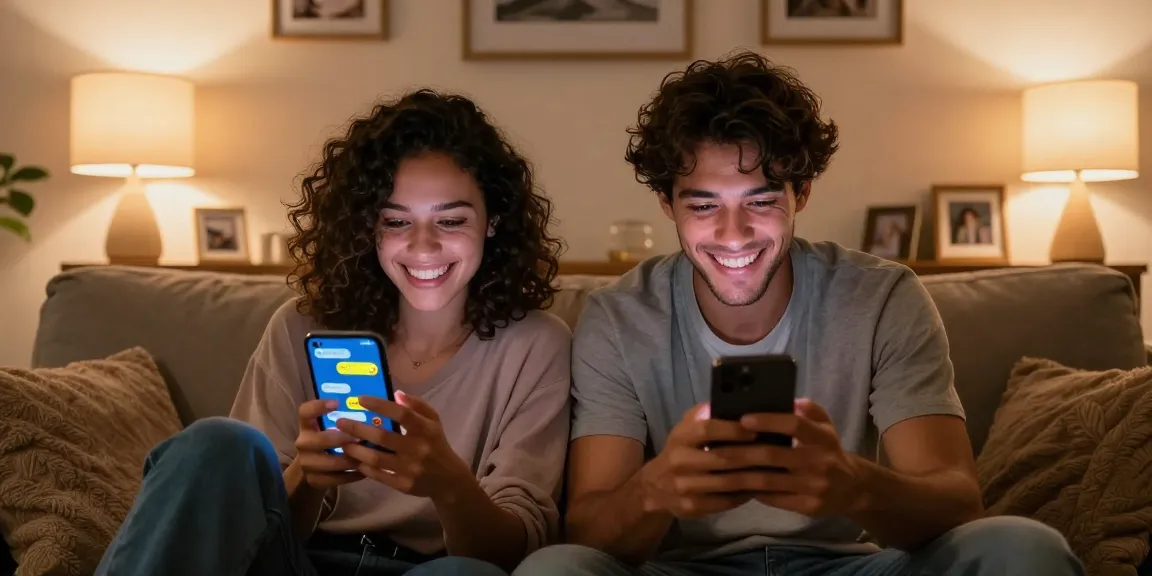 Couple flirting through sexting ai on smartphones in cozy living room.