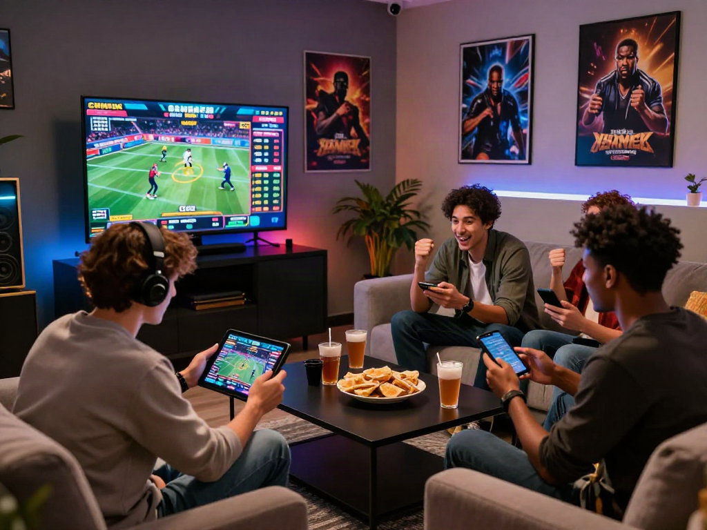 Gathering of friends enjoying bro138 link alternatif online gaming experience in a stylish room.