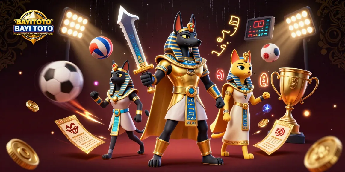BAYITOTO Platform Togel Online Terpercaya BAYI TOTO dengan Peluang Menang Tinggi, showcasing Anubis and Bastet surrounded by dynamic sports elements.