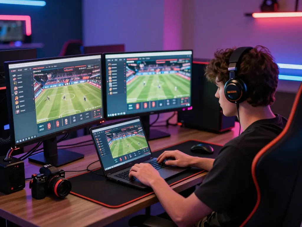 Engaged user places bets on F8 BET sports events, showcasing modern gambling setup at home.