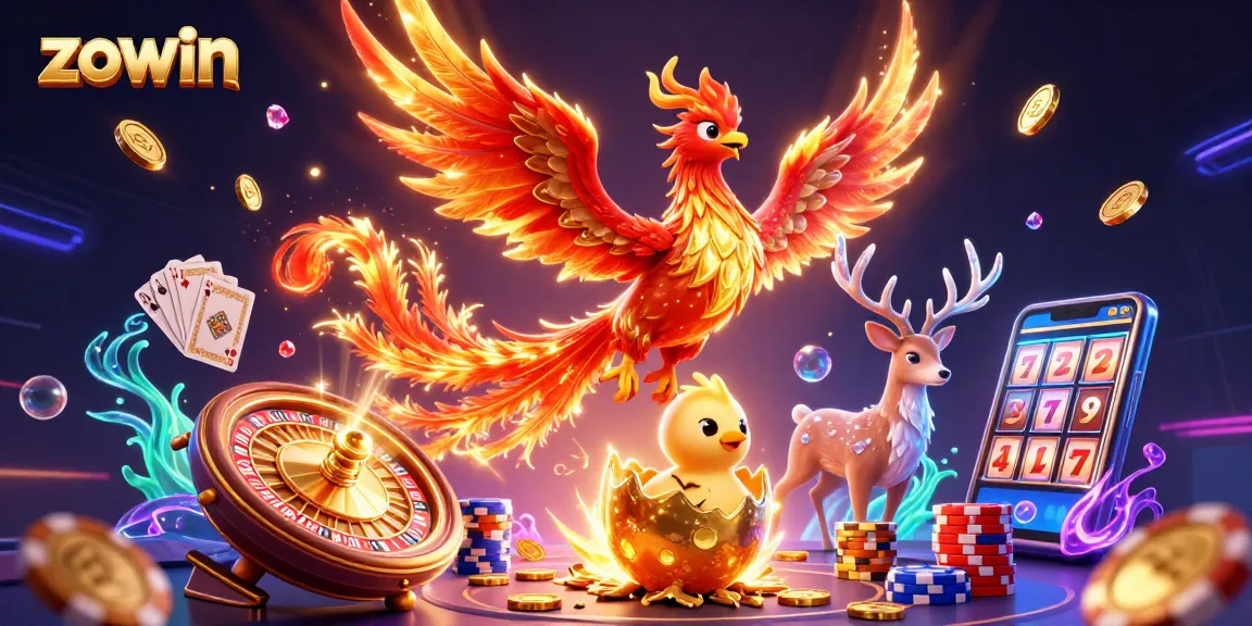 Win big with Zowin at this vibrant casino scene featuring a phoenix and golden treasures.