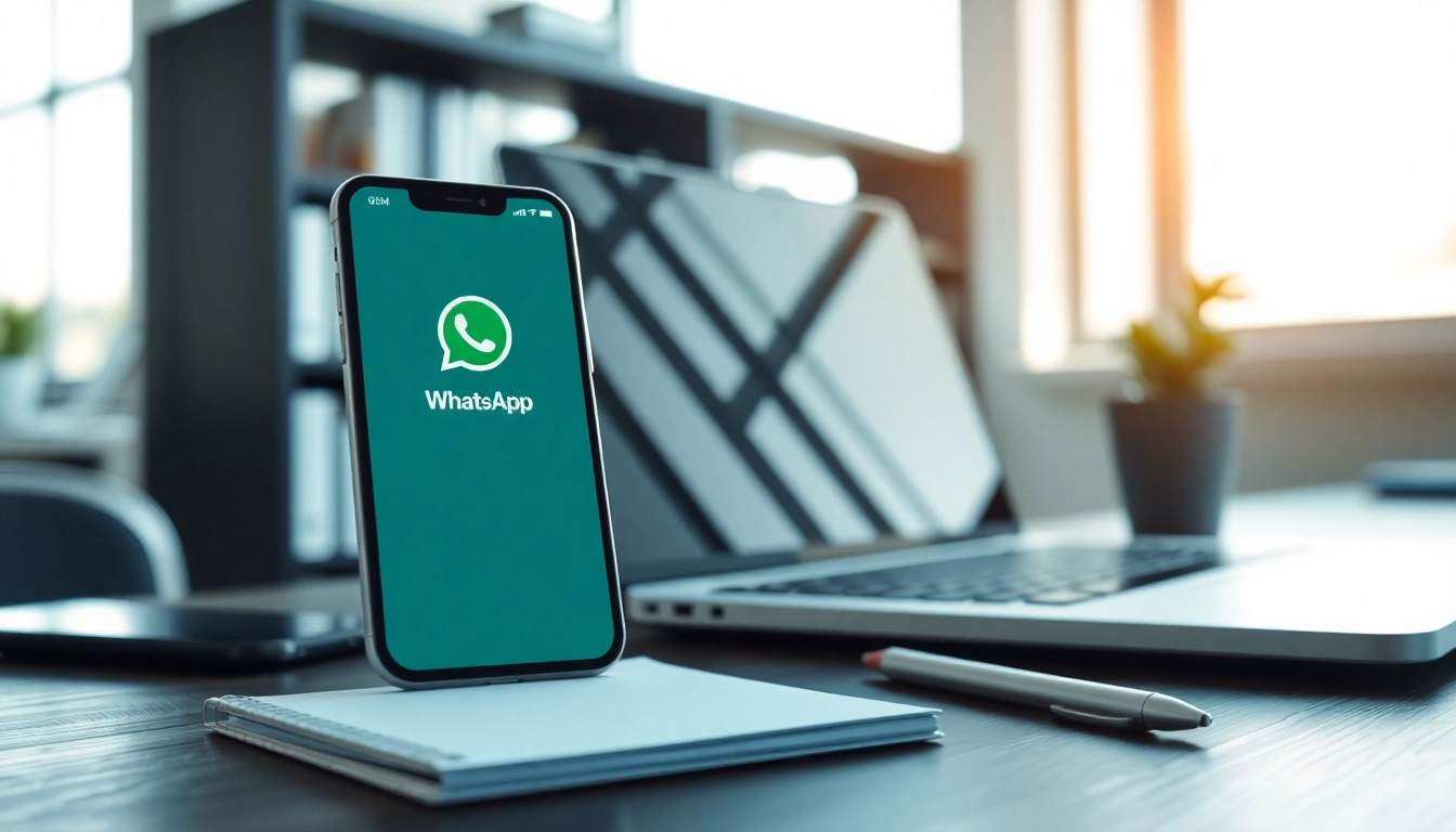 Engaging visual of WhatsApp Business CRM on a smartphone in a productive workspace.