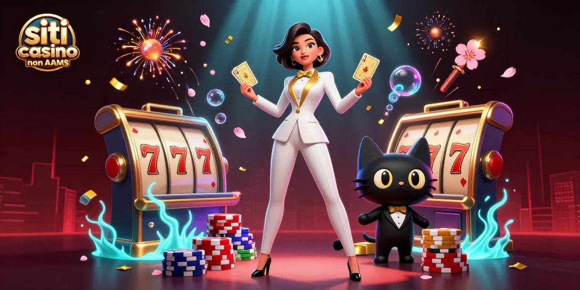 Siti casino non AAMS: una donna glamour in smoking mescola le carte accanto a un gatto, in mezzo a dinamici elementi di casinò.