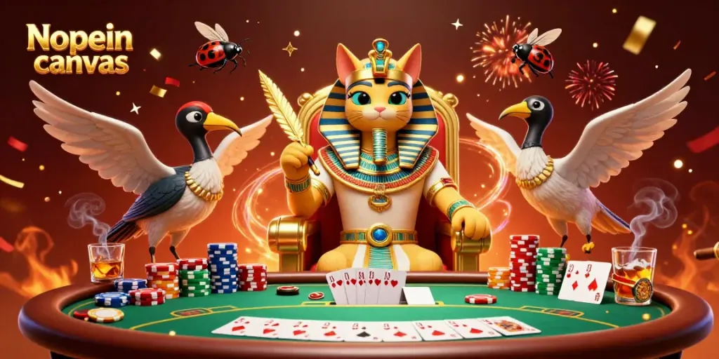 Engage with the vibrant Nopein canvas scene featuring a pharaoh cat and poker elements.