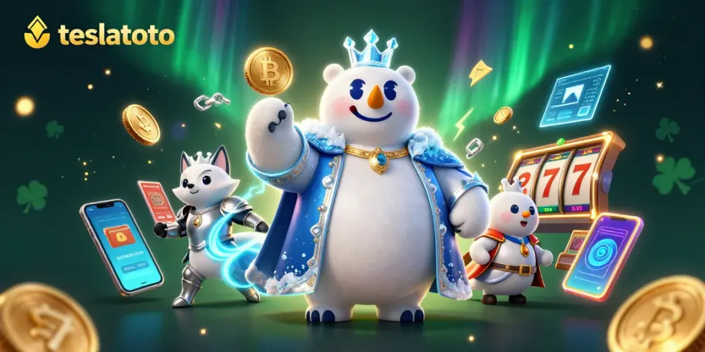 Bet on teslatoto with ice king and snow fox in a captivating casino scene of slots and cryptocurrency.