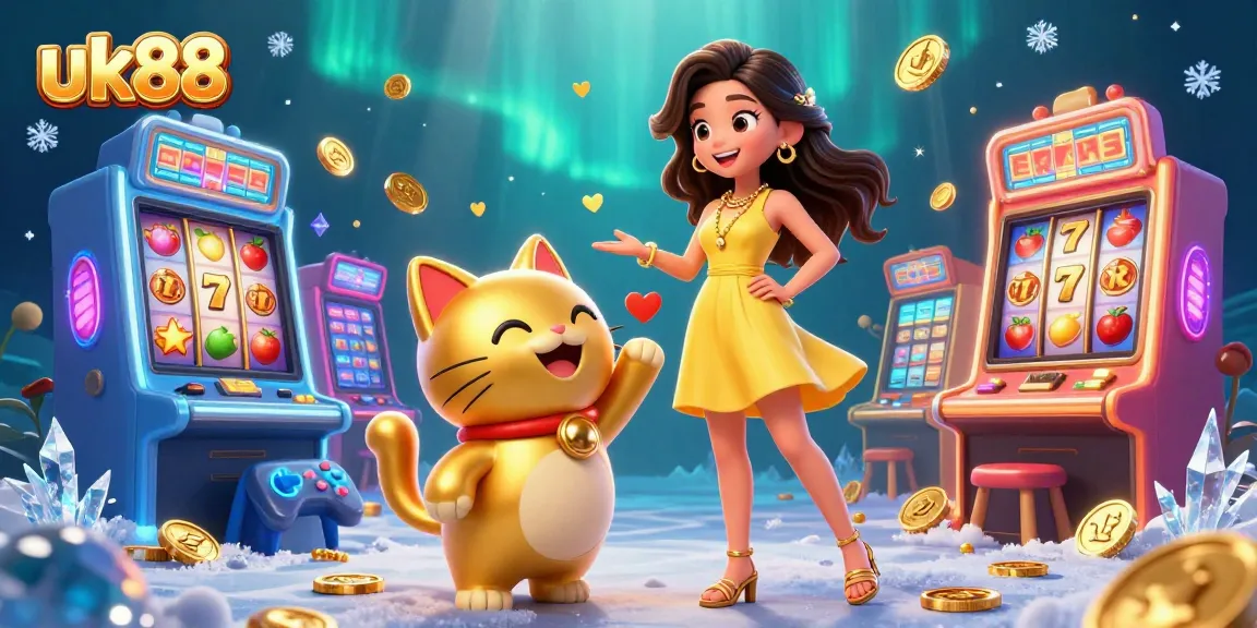 Enjoying slots at uk88 with golden lucky cat and cheerful player amidst coins and confetti