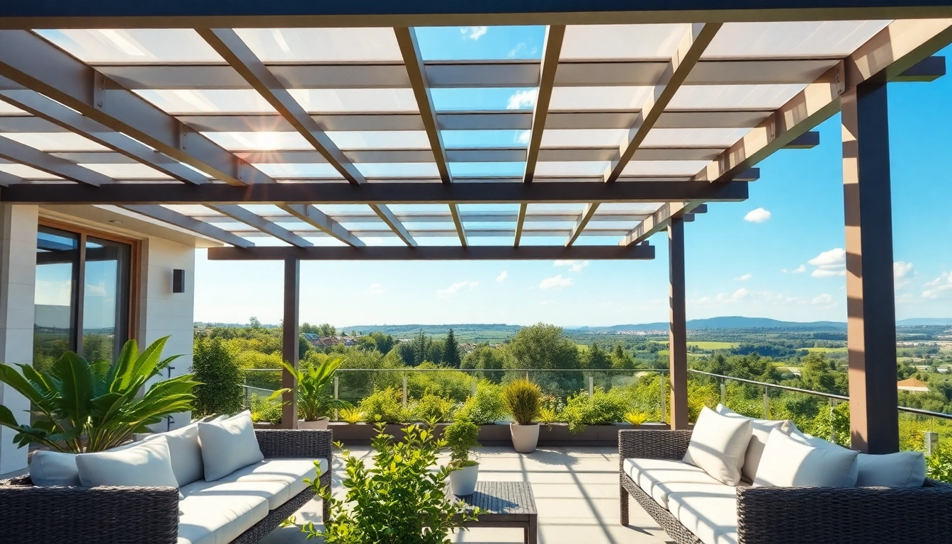 Terrassenueberdachung Ungarn mit eleganter Pergola und gemuetlichem Sitzbereich in gruenem Umfeld.
