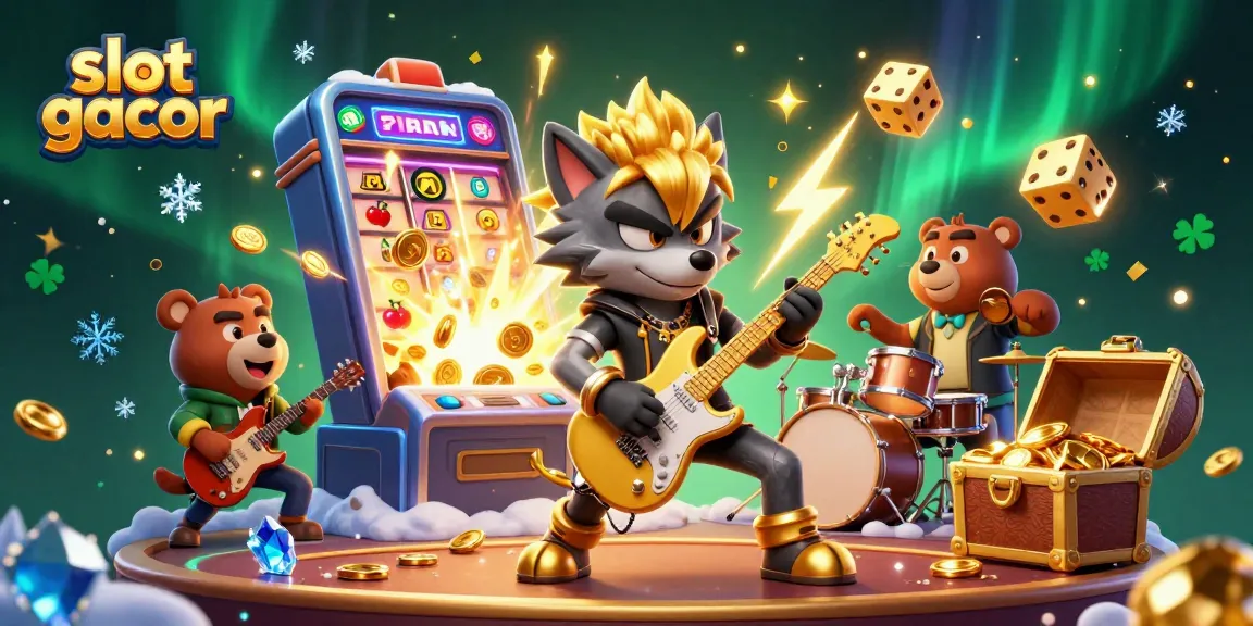 Slot gacor di dalam gambar menggambarkan aksi seru dengan mesin slot yang meledak jackpot dan karakter menarik.