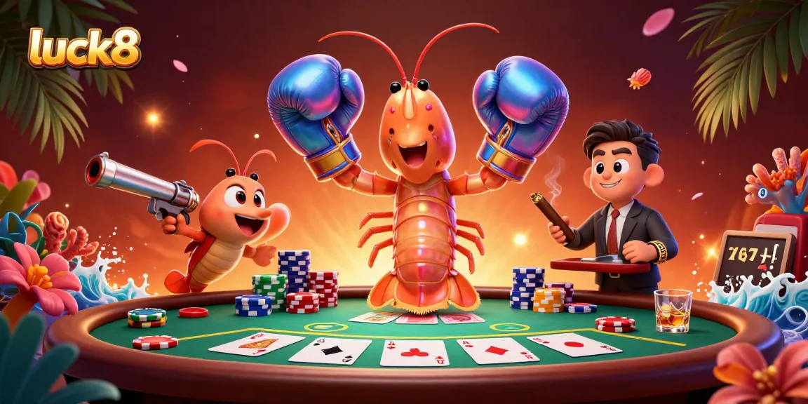 Experience thrilling poker action with luck8's vibrant 3D illustration showcasing poker chips and characters.