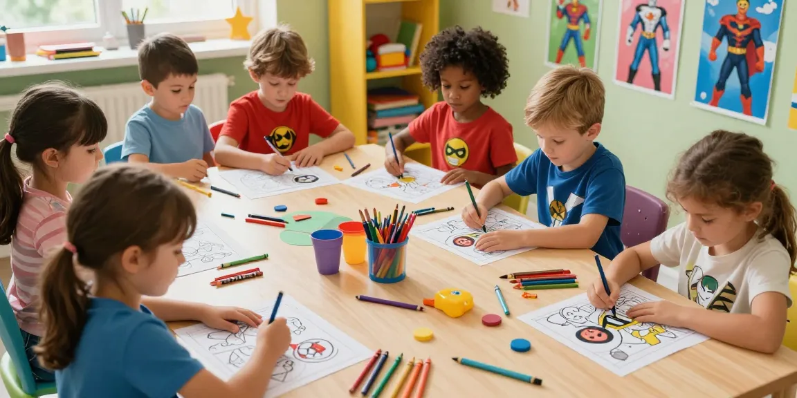 Kids joyfully coloring Superhero coloring pages in a vibrant playroom filled with art supplies.