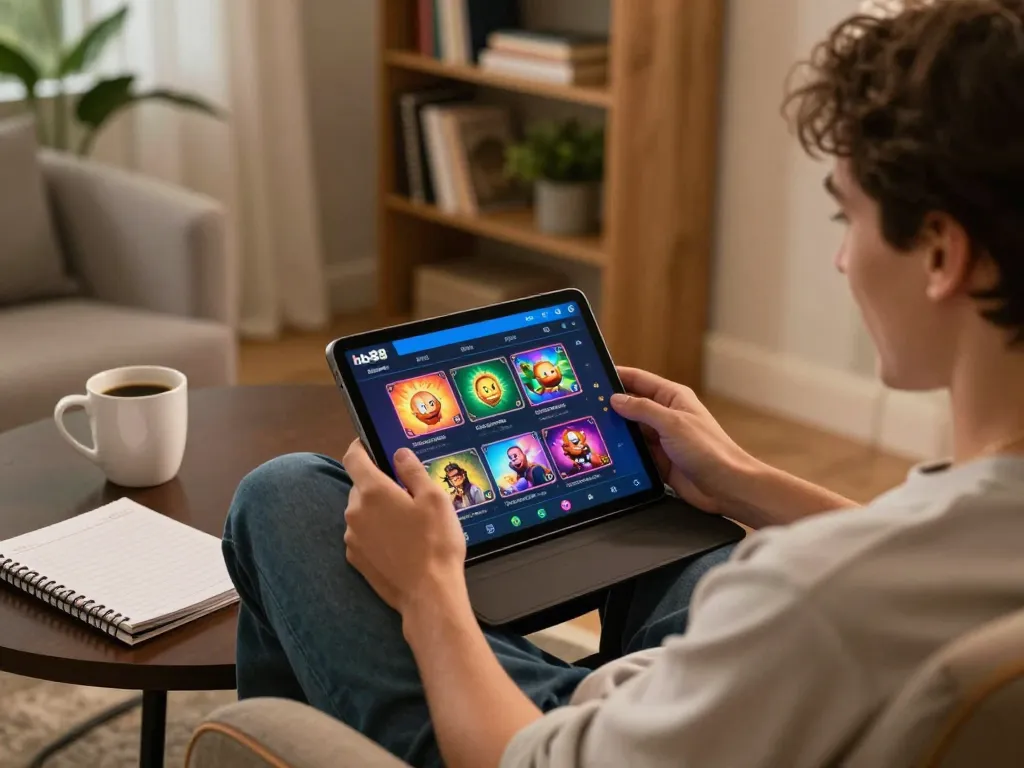 Player enjoying the hb88 app on a tablet in a cozy home setting, depicting engaging online gambling