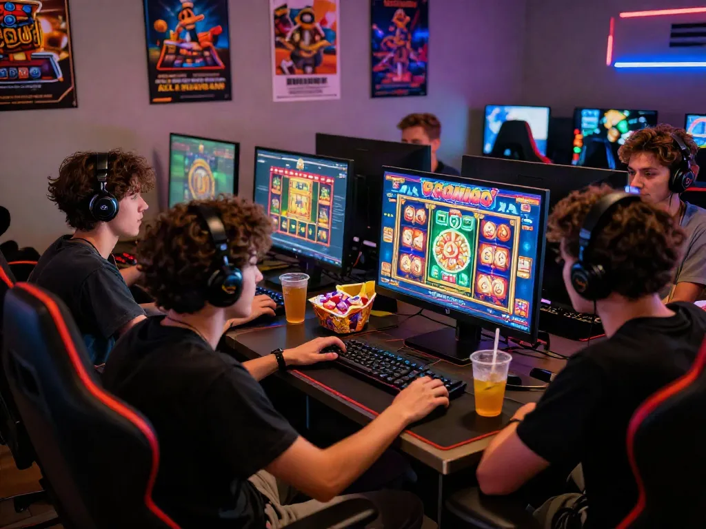 Friends enjoying a vibrant slot game together in a cozy gaming room.