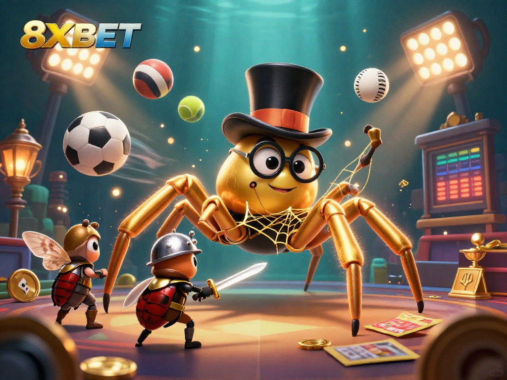 Experience thrilling sports betting action at 8XBET with a vibrant 3D illustration showcasing dynamic elements from the casino world.
