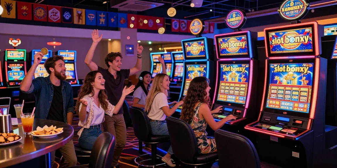 Dynamic casino scene showcasing friends enjoying slot bonus games amidst vibrant lights and excitement.