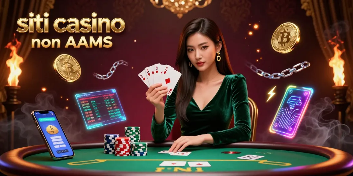 Scopri l'emozione dei siti casino non AAMS con un giocatore concentrato a un tavolo da poker di lusso immerso in elementi digitali di cripto.