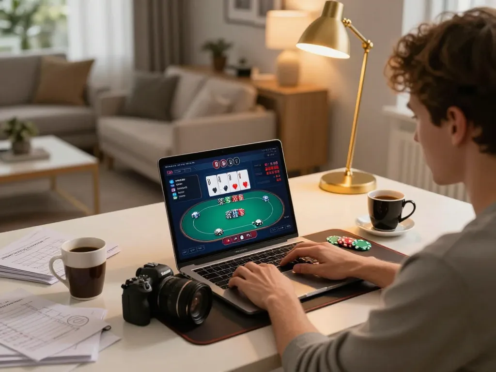 Engaging in online poker gameplay at home with XX88 strategy notes and warm lighting.