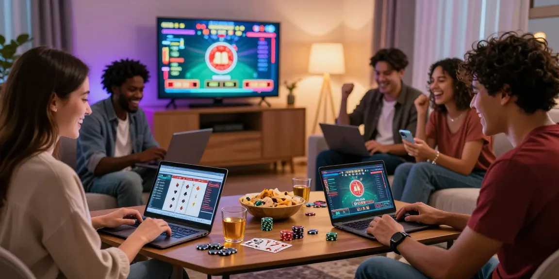 Des gens profitant d'une soirée de jeux confortable à la maison, célébrant une victoire dans un casino fiable en ligne avec des ordinateurs portables et des collations.