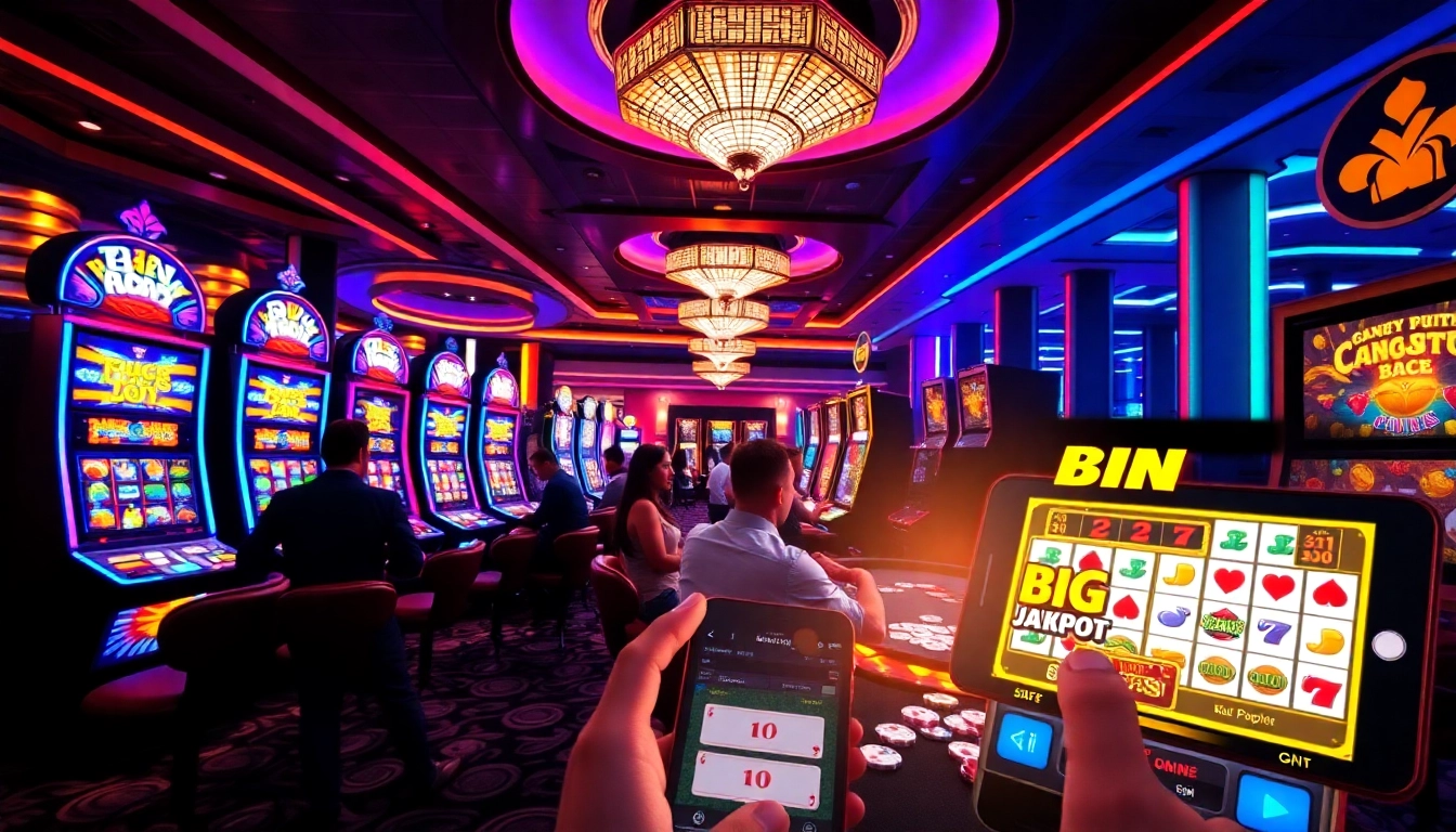 Para pemain merayakan kemenangan besar di kasino slot Depo 1K, menampilkan mesin-mesin berwarna cerah dan permainan yang imersif.