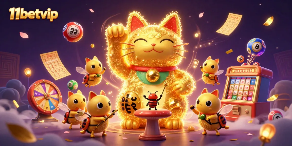 Engage with the vibrant 11betvip lottery scene featuring lively fireflies and casino elements.
