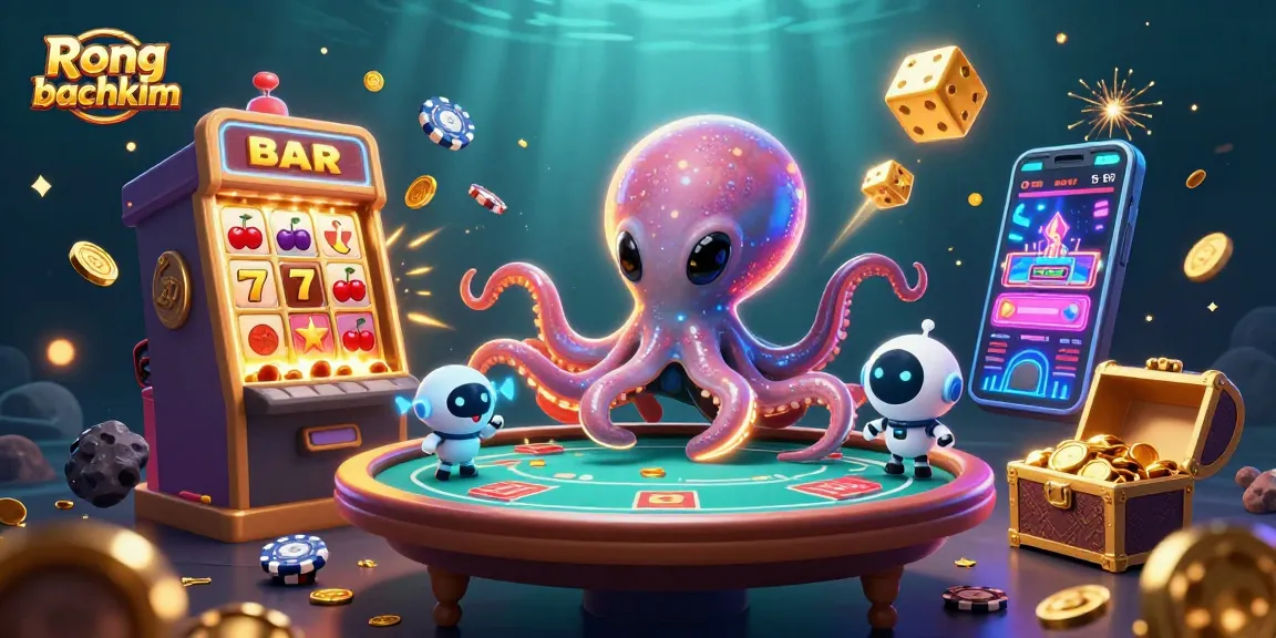 Engage with exciting Rong bachkim lottery gameplay alongside a 3D cartoon alien octopus and robot!
