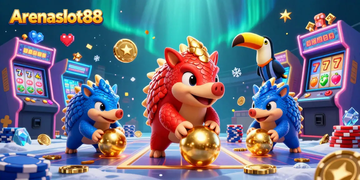 Arenaslot88 menghadirkan ilustrasi kasino interaktif dengan pangolin yang bersaing dan banyak elemen permainan.