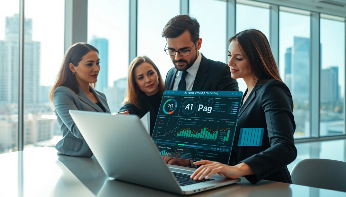 Visualize professionals engaged in AI claims processing, showcasing collaboration and technology.