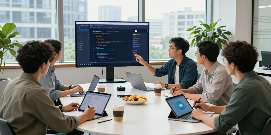 Team of developers collaborating over the 纸飞机中文版 project in a modern workspace.