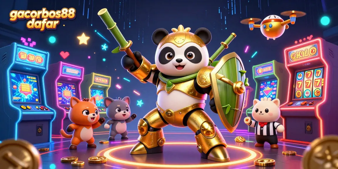 Play exciting games at gacorbos88 daftar with a dynamic 3D casino illustration showcasing vibrant characters and arcade elements.