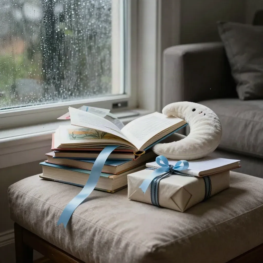 Bedtime book bundle by a rain-streaked window, with moon plush, ribbon bookmark, and gift set.