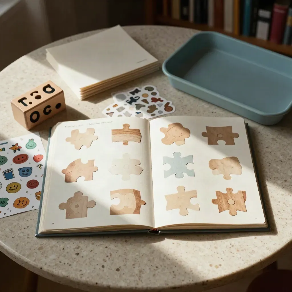 Top-down view of activity books, sticker sheets, a wooden letter toy, and puzzle tray on travertine.