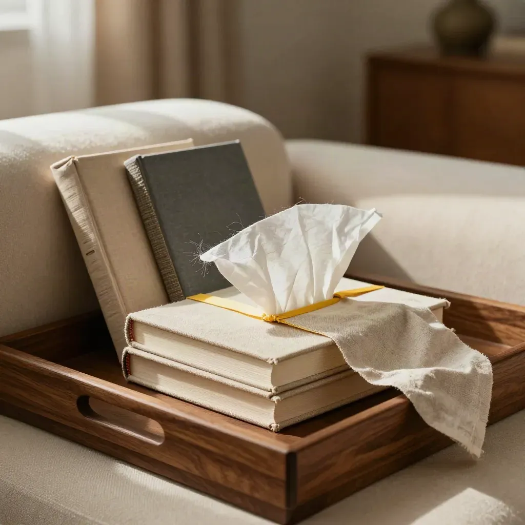 Open bedtime book box with clothbound books, journal, bookmark and tissue on a sofa tray.
