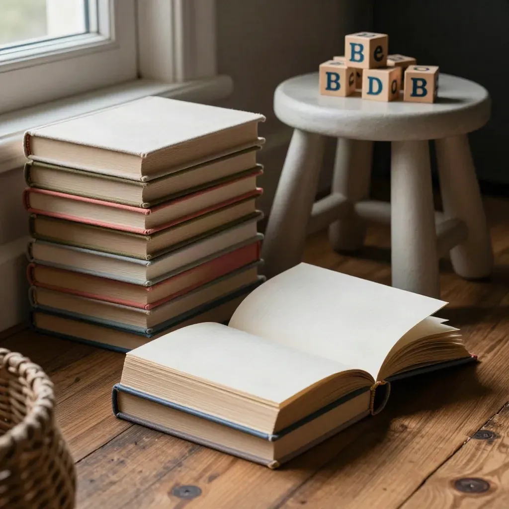First-reader books and alphabet blocks on a child-height stool in a cosy morning reading nook