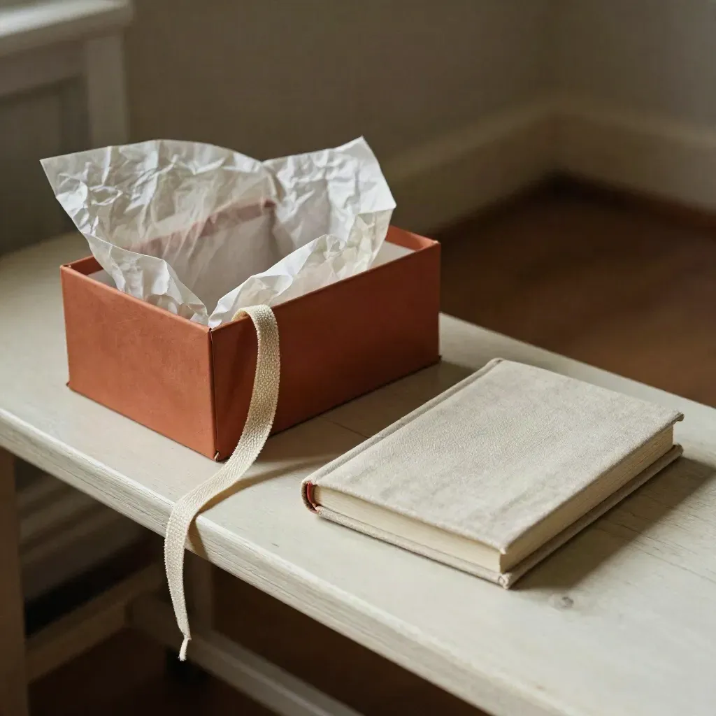 Gift set opening in a tissue-lined box with book, bookmark and journal spilling onto a pale bench.