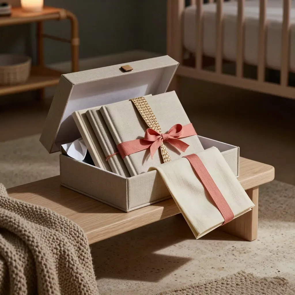 Opened bedtime book gift box with books, bookmark and journal on a nursery bench