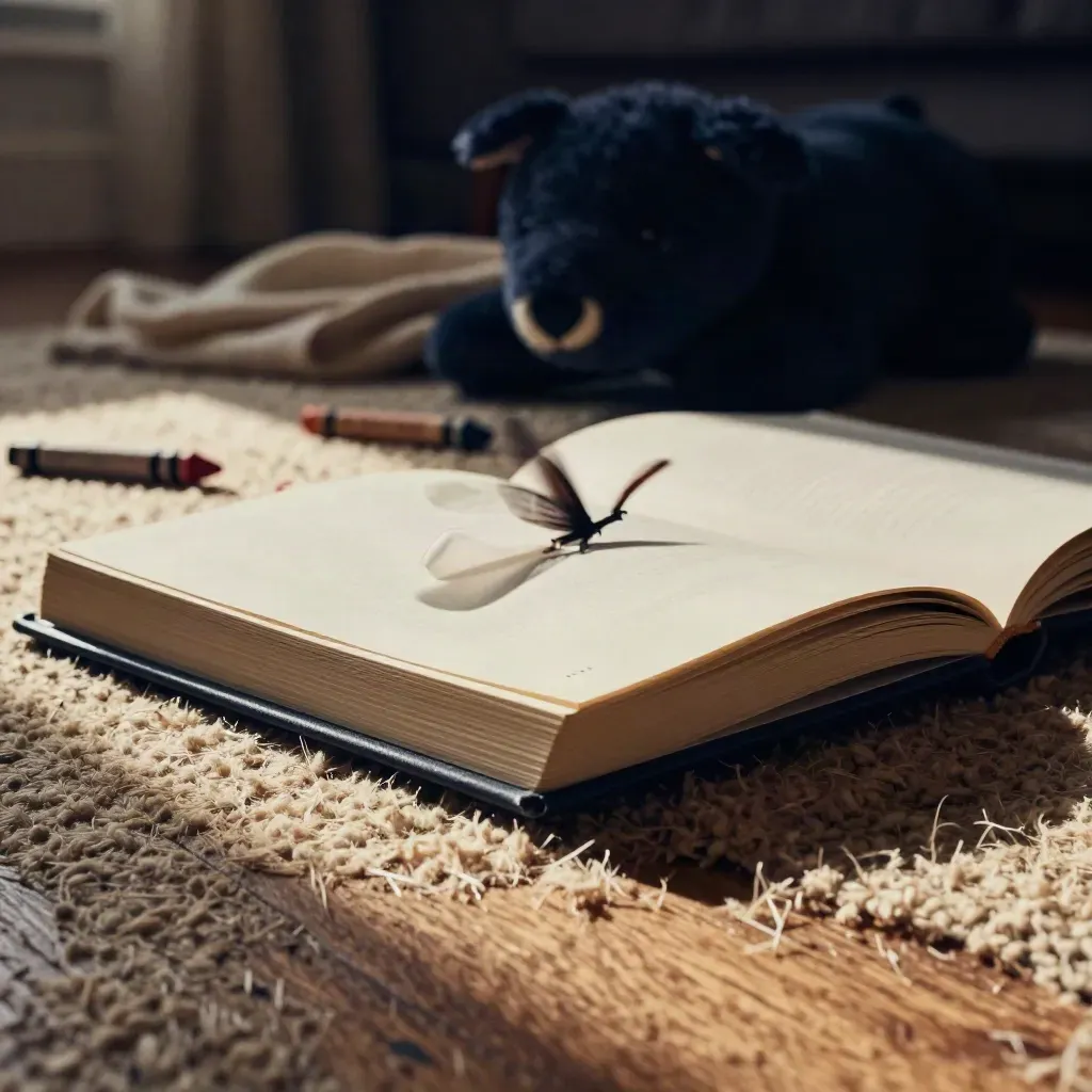 Floor-level picture books fluttering shut on a rug with plush toy, crayons, and a soft throw.
