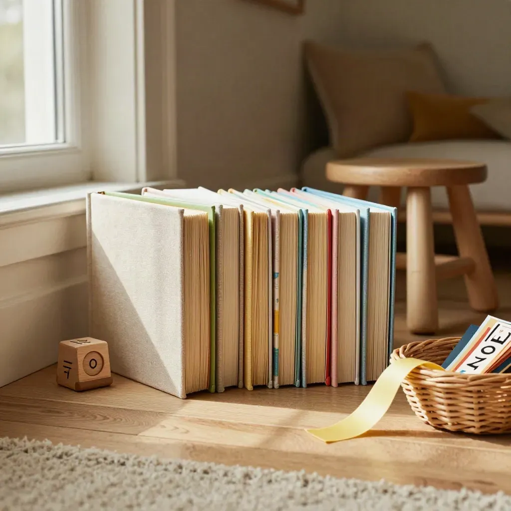 Early readers beside a child stool, wooden alphabet toy, and bookmark basket in soft morning light.